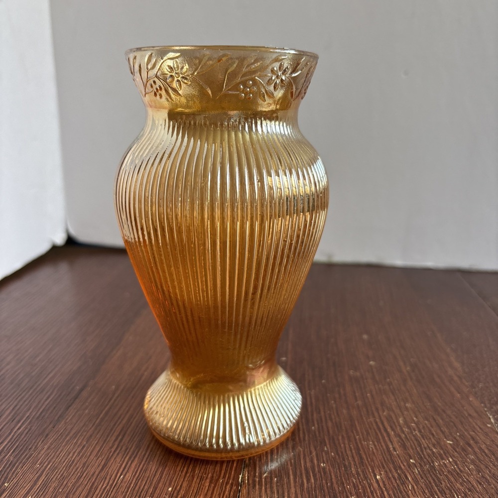 Vintage Marigold Carnival Glass Ribbed Vase With Floral Bands